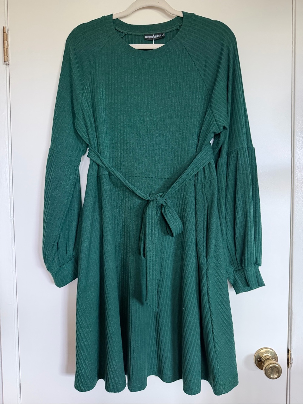 Madison Tie-Waist Long-Sleeve Dress in Deep Green